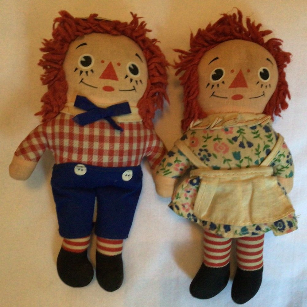 Pair of Red-Haired Rag Dolls in Blue & Floral Outfits